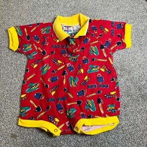 vtg Gardening Romper Baby 18M Red 90s Corn Shovel Print Snap Suit crico
